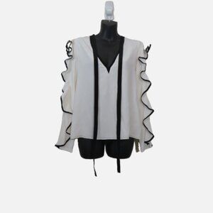 Alexis Size Small Silk Blouse White V Neck Ruffle Black Outline Tie Neck